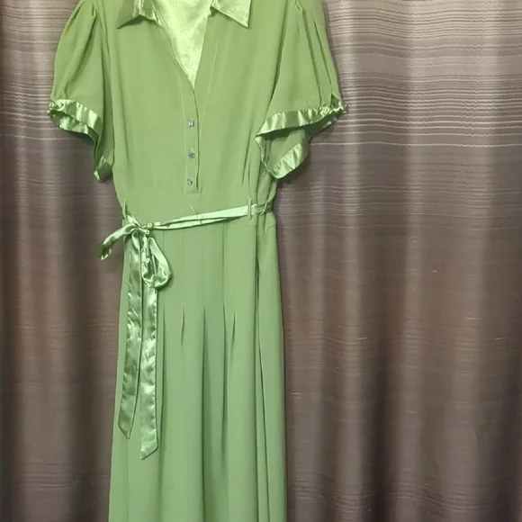 Jessica London Green Satin-Trim Midi Dress - Picture 1 of 6